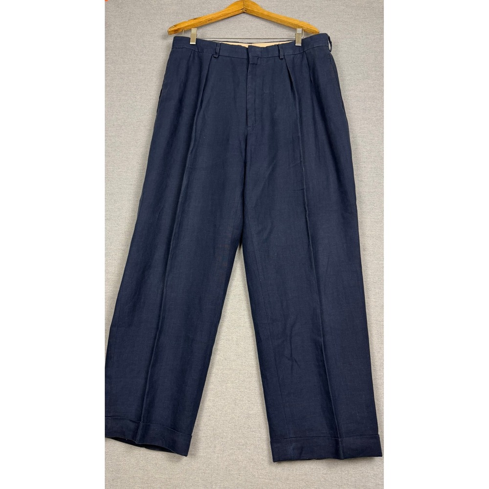 Polo Ralph Lauren Vintage Pleated Linen Pants Navy Blue 34x30 Cuffed Trousers